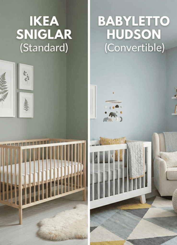Left 129 Standard Crib. Right 399 Convertible Crib. Both create a stunning nursery