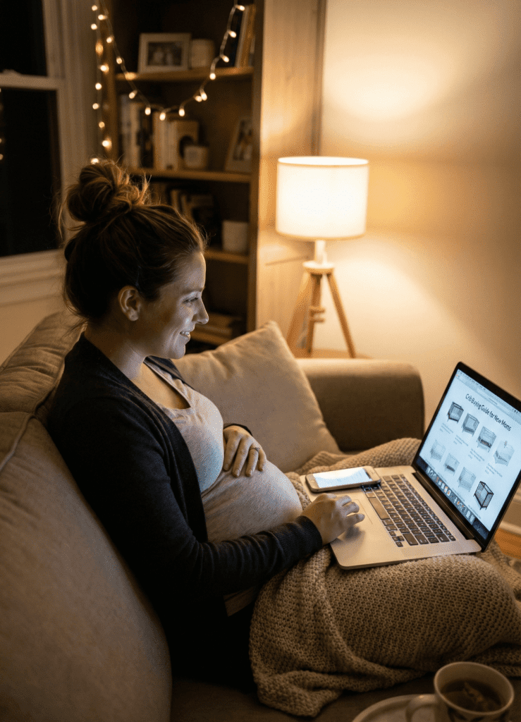 Pregnant mom researching baby crib buying guide at night