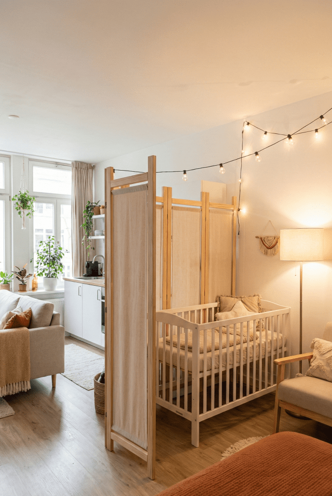 Studio apartment with crib in corner room divider creating nursery space