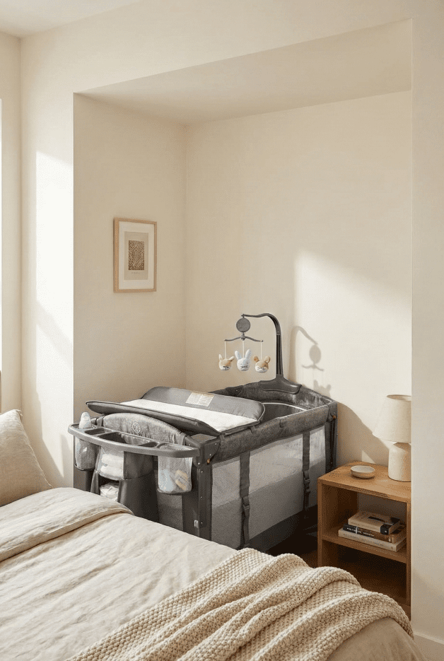Adovel Bedside Bassinet Review: Best Budget Sleeper in 2026? 5 The compact Adovel bedside sleeper fitting perfectly in a small apartment bedroom next to an adult bed.