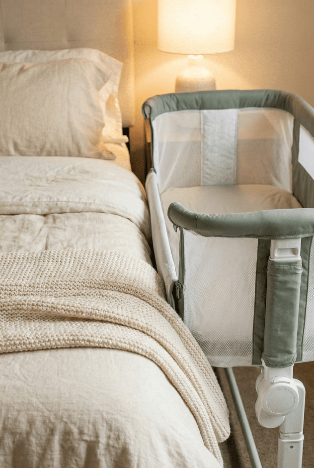 Baby Delight Beside Me Dreamer Review: A Safe Halo Alternative in 2026? 3 A vertical close-up showing the Baby Delight Beside Me Dreamer with its side panel lowered, sitting flush against an adult mattress for easy nighttime access.