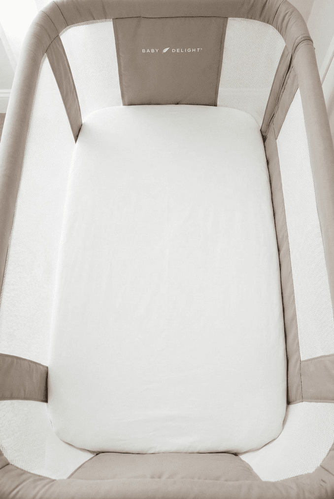 Baby Delight Beside Me Dreamer Review: A Safe Halo Alternative in 2026? 5 A vertical overhead view looking inside the Baby Delight Beside Me Dreamer, showing the firm, flat mattress pad that comes with the product, as seen in the reference image.