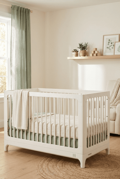The babyGap Wren 4-in-1 Convertible Crib in white, set up in a bright, modern nursery with neutral decor.