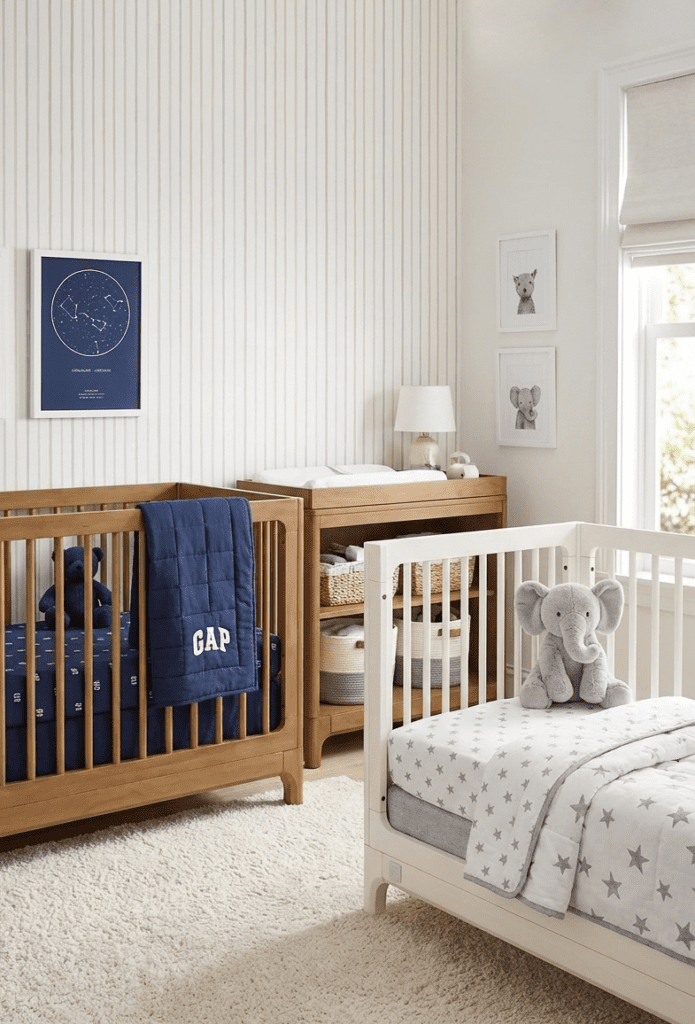 A Blush Acorn and Antique White babyGap Wren crib styled with coordinating Gap nursery bedding.