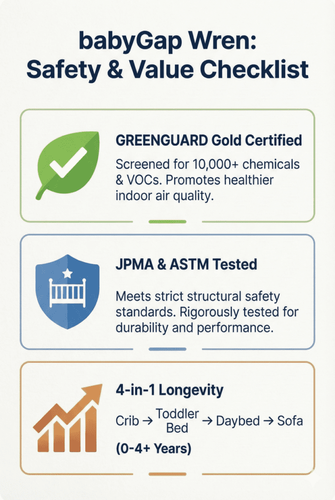 Infographic detailing the safety certifications and 4-in-1 conversion features of the babyGap Wren crib by Delta Children.