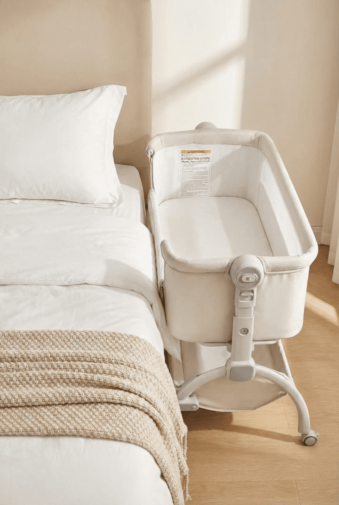 BABYJOY Rocking Bassinet Review: Best Budget Travel Sleeper in 2026? 1 The BABYJOY 3-in-1 bassinet in bedside sleeper mode adjusted to match the height of a master bed.