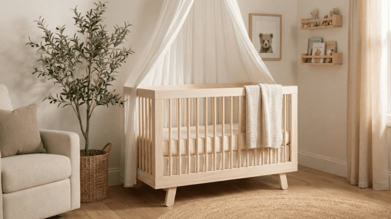 Babyletto Hudson 3-in-1 crib review featured image showing the washed natural crib in a modern, neutral nursery setting with open spindle design.
