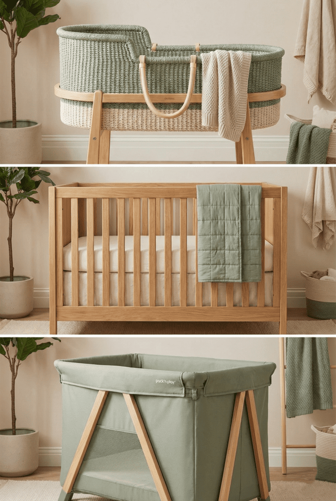 Comparison of a Bassinet vs Crib vs Pack n Play in a nursery setting.