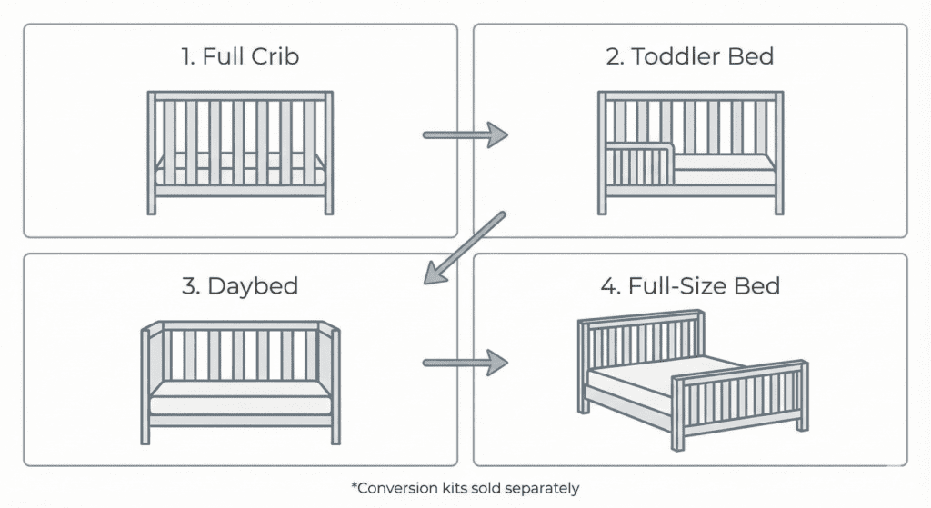 Infographic showing the four stages of the Davinci Colby crib: Full Crib, Toddler Bed, Daybed, and Full-Size Bed. Note indicates conversion kits are sold separately.