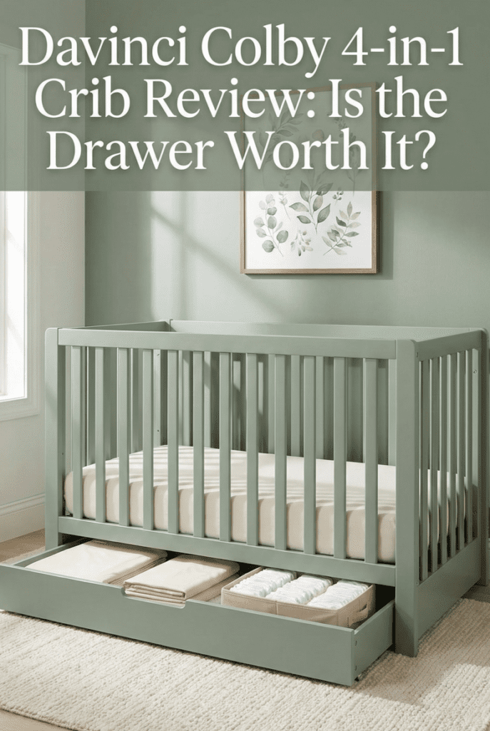 White Davinci Colby 4-in-1 convertible crib in a boho nursery with the under-crib storage drawer open, showing sheets and diapers. Text overlay: "Davinci Colby 4-in-1 Crib Review: Is the Drawer Worth It?".