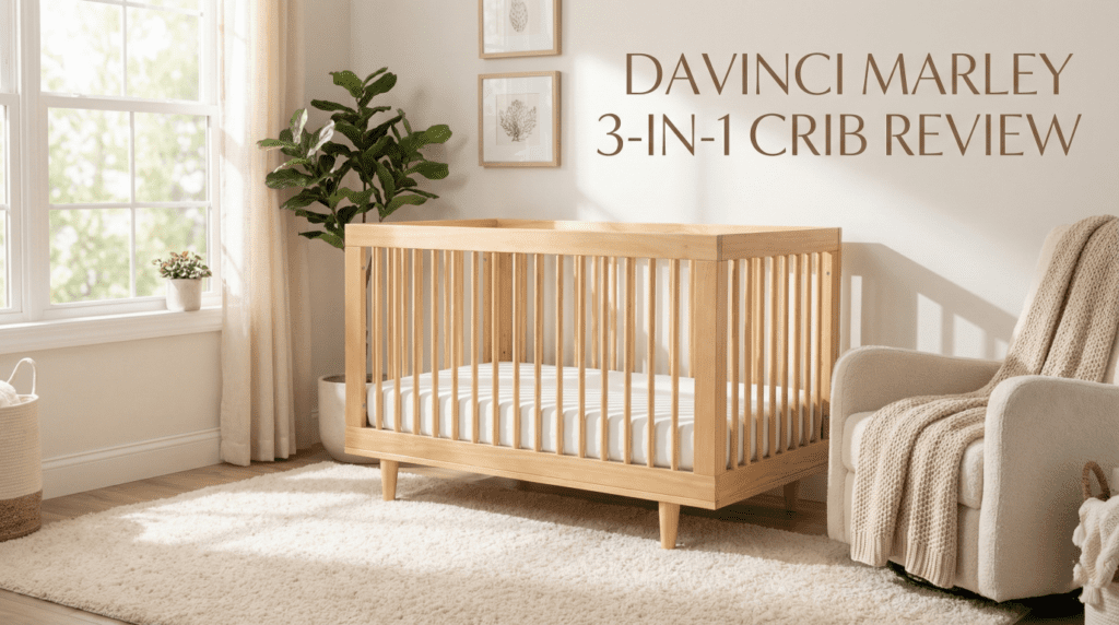 Featured image for the Davinci Marley 3-in-1 crib review, showing the natural wood crib in a sunlit, modern nursery setting with text overlay that reads "DAVINCI MARLEY 3-IN-1 CRIB REVIEW".