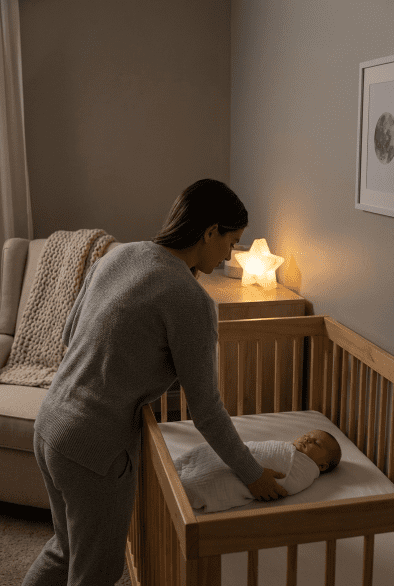 Davinci Marley 3-in-1 Crib Review: A Modern Must-Have or Just Hype? 2 A lifestyle photo showing a parent utilizing the low-profile height benefit of the Davinci Marley 3-in-1 crib during a review test.