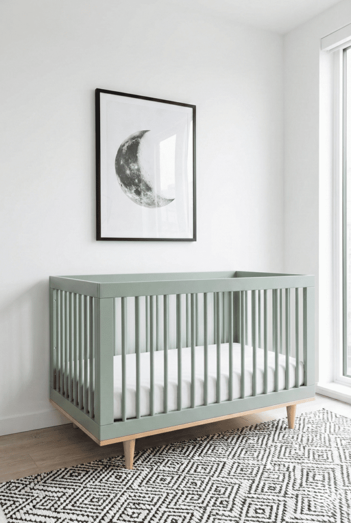 Davinci Marley 3-in-1 crib in a minimalist Scandinavian nursery with monochrome art and geometric rug.