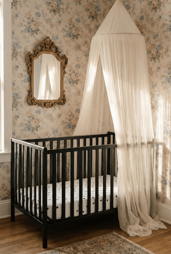 Delta Children Heartland sleigh-style crib in a classic vintage nursery with floral wallpaper and gold accents.