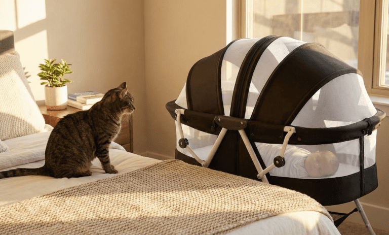This describes the image to Google and screen readers. It must include the primary keyword. A curious tabby cat sits next to a Dream On Me Karley Bassinet with its protective mesh canopy fully zipped closed in a small apartment bedroom, as detailed in this Dream On Me Karley Bassinet review.