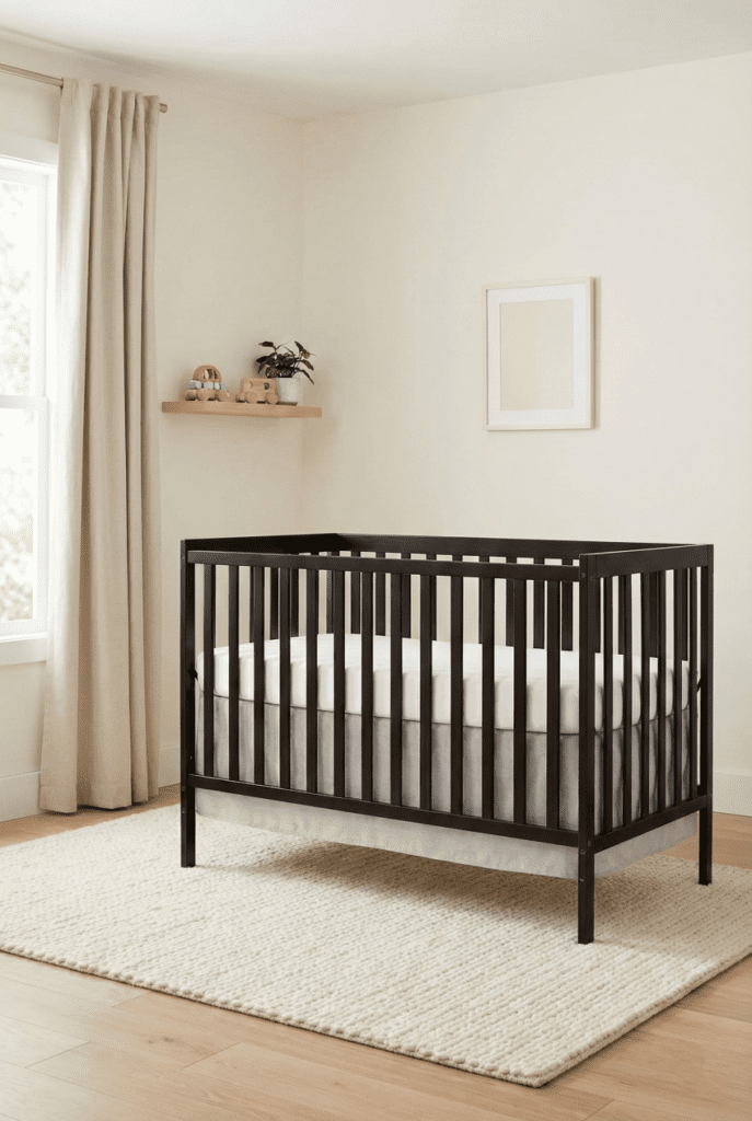 Dream On Me Synergy crib in a vibrant color as the centerpiece of a modern color-block nursery design.