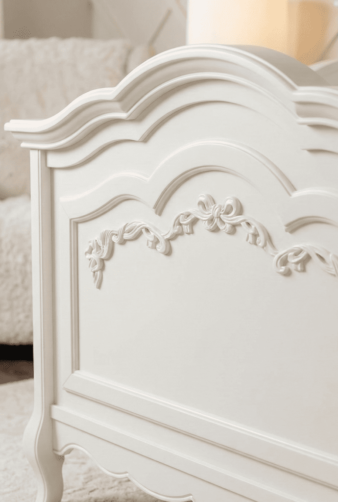 évolur Aurora 5-in-1 Crib Review: A Fairytale Centerpiece or Just Hype? (2026) 3 Close-up view of the ornate ribbon bow carvings on the headboard and the Queen Anne legs of the évolur Aurora convertible crib.