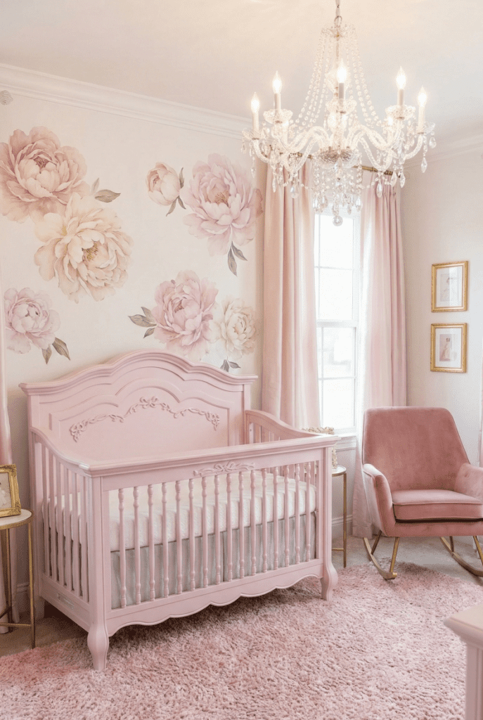 évolur Aurora 5-in-1 convertible crib with intricate details in a luxury princess nursery with a chandelier and velvet chair.