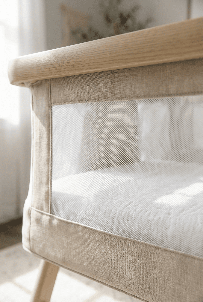 A detailed close-up shot showing the texture of the beige fabric and the breathable mesh side wall of the Evolur Stellar bassinet, allowing for airflow and visibility.