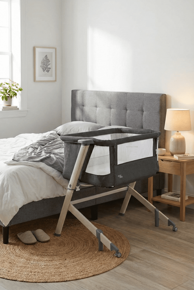 A wide-angle view of the Evolur Stellar bassinet placed next to an adult bed in a realistic, tidy master bedroom, showing its scale and design in a home environment.