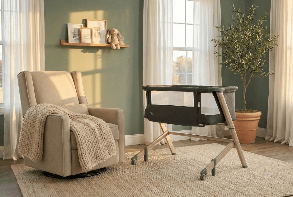 The wood-finish Evolur Stellar bassinet placed in a beautifully decorated nursery with a glider chair, jute rug, and warm lighting, showcasing its furniture-like aesthetic.