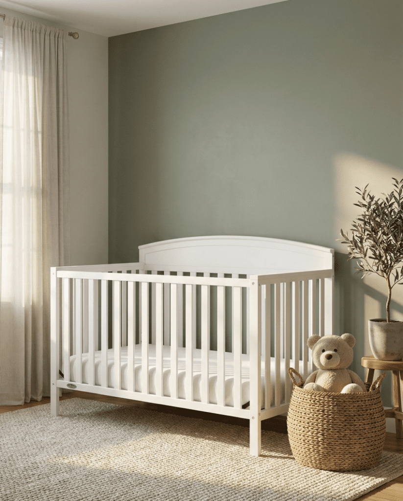 The Graco Benton crib converted into a toddler bed with a safety rail, showing its 5-in-1 versatility.