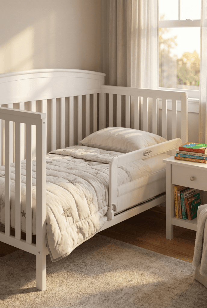 White Graco Benton 5-in-1 convertible crib centered in a gender-neutral modern farmhouse nursery with sage green walls.