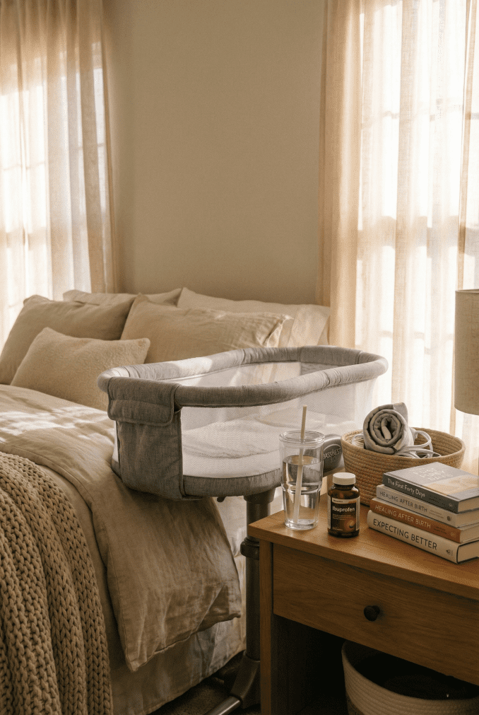 Halo BassiNest 3.0 Review: A C-Section Lifesaver? 5 A beautifully styled bedside scene featuring the Halo BassiNest 3.0 swivel sleeper next to C-section recovery essentials like a water tumbler and medications on a nightstand.