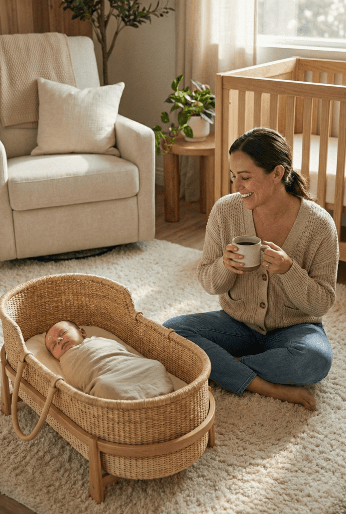 A happy mother enjoying a coffee while her newborn sleeps safely in a bassinet.