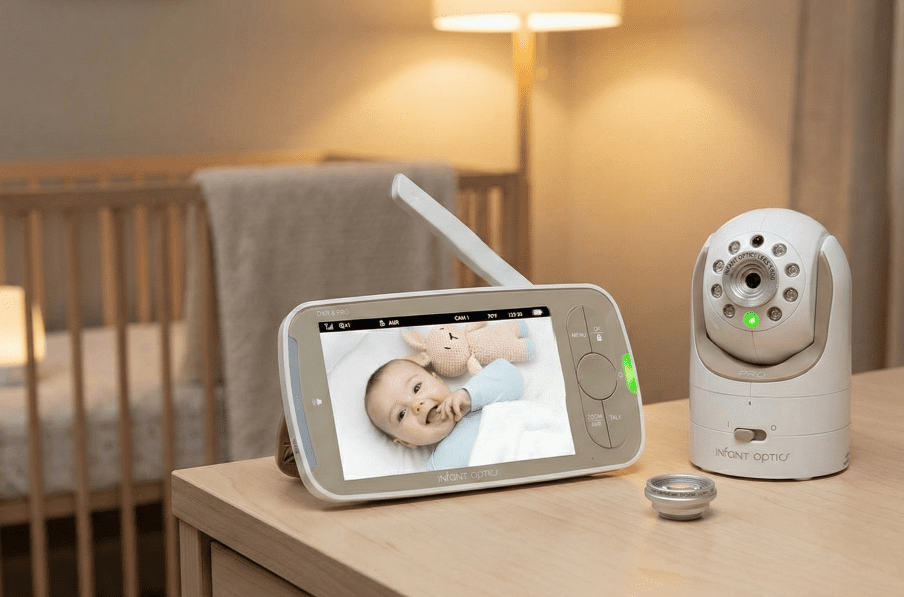 The Infant Optics DXR-8 Pro video baby monitor camera and parent unit with its screen illuminated, resting on a light wood dresser in a dimly lit nursery with a crib in the background.