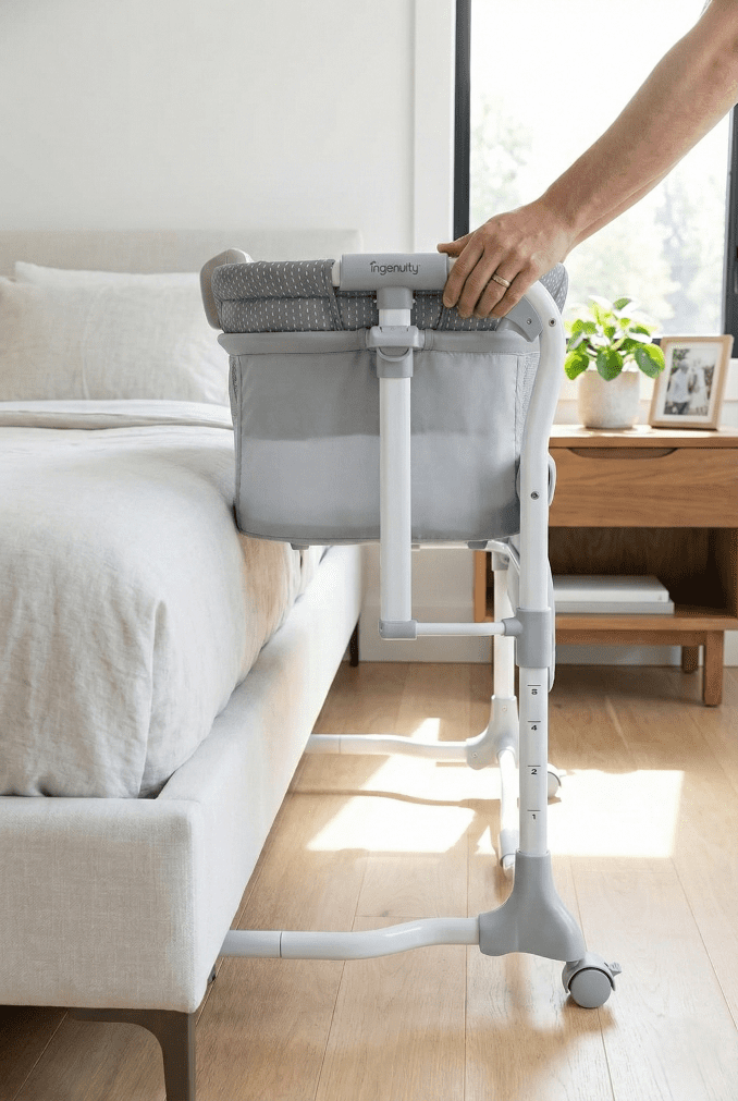 Ingenuity Dream & Grow Bassinet Review (2026): Grows With Baby? 3 The Ingenuity Dream & Grow Bassinet adjusted to match the height of an adult mattress, demonstrating the bedside fit.