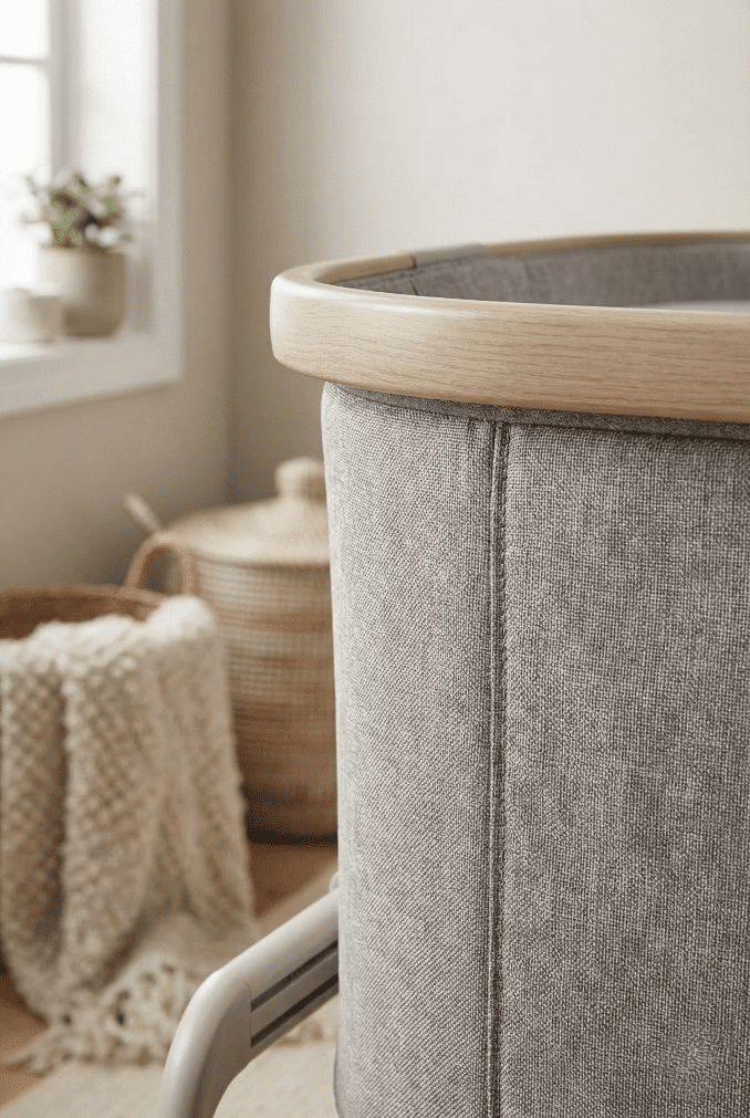 A close-up detail photograph showing the high-quality wood-effect frame and premium woven fabric texture of the Maxi Cosi Iora bassinet.