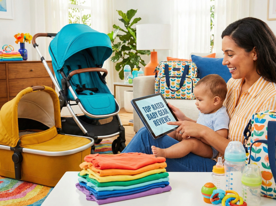 A collection of baby essentials including cribs, bassinets, and diaper bags representing the product reviews section.