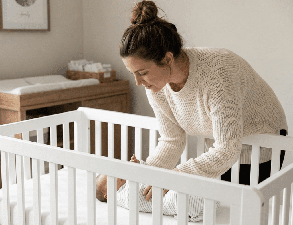 A mother gently leaning over the rail of a white Davinci Colby crib to place a swaddled baby onto the mattress, which is set to the newborn height position.