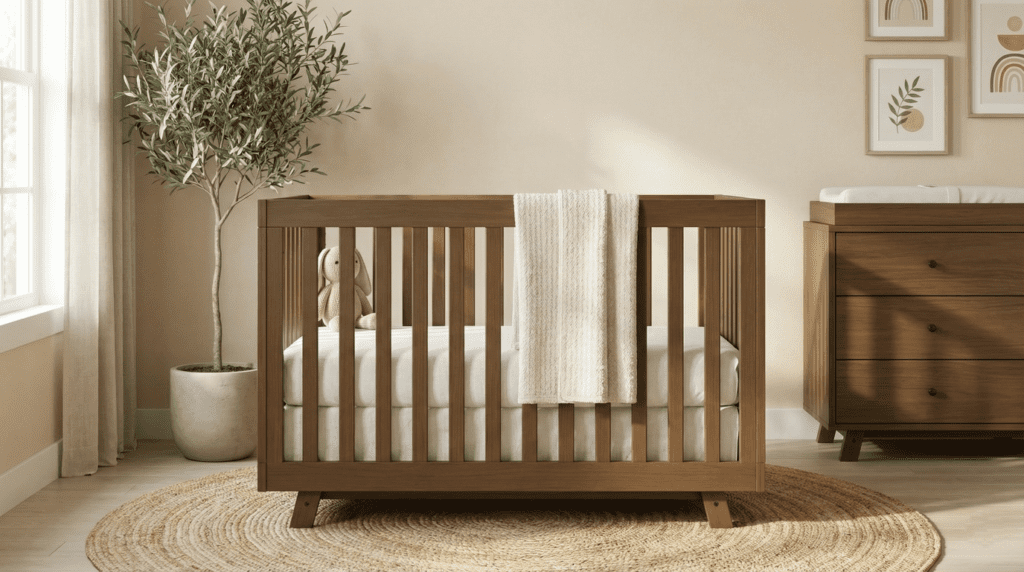 Storkcraft Beckett 3-in-1 crib review : A styled mid-century modern nursery featuring the Storkcraft Beckett 3-in-1 Convertible Crib in a dark wood finish, dressed with a cream knitted blanket and resting on a round jute rug next to an olive tree.