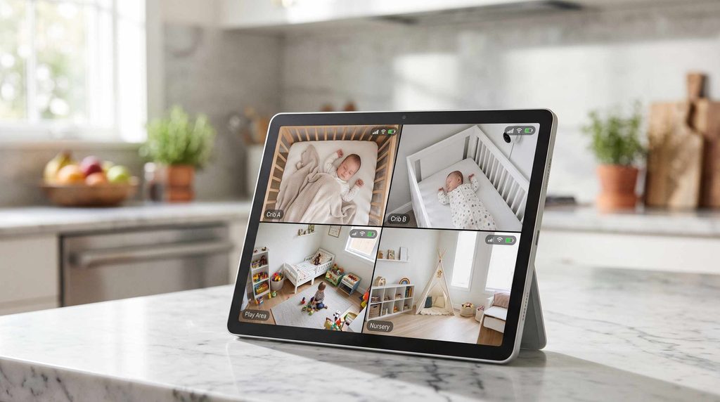 Harbor Baby Monitor 10-inch touchscreen displaying four camera feeds simultaneously in split-screen mode on a kitchen counter