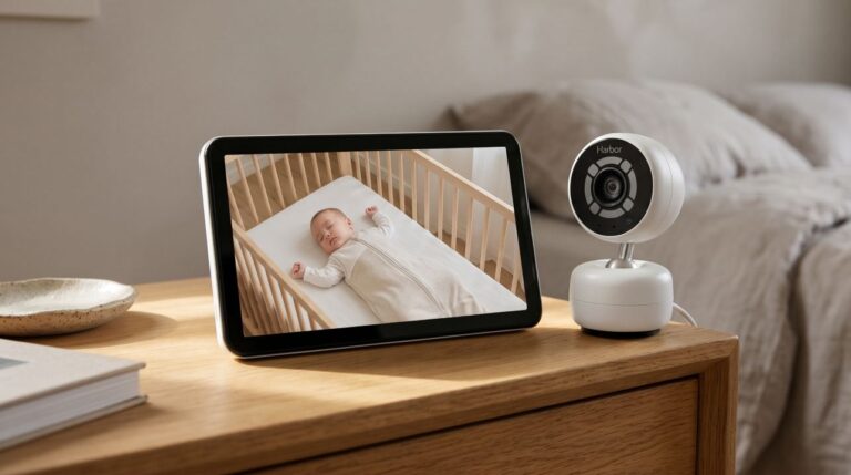 Home 3 Harbor Baby Monitor 10-inch dedicated touchscreen parent unit beside the round Harbor 2K nursery camera on an oak nightstand