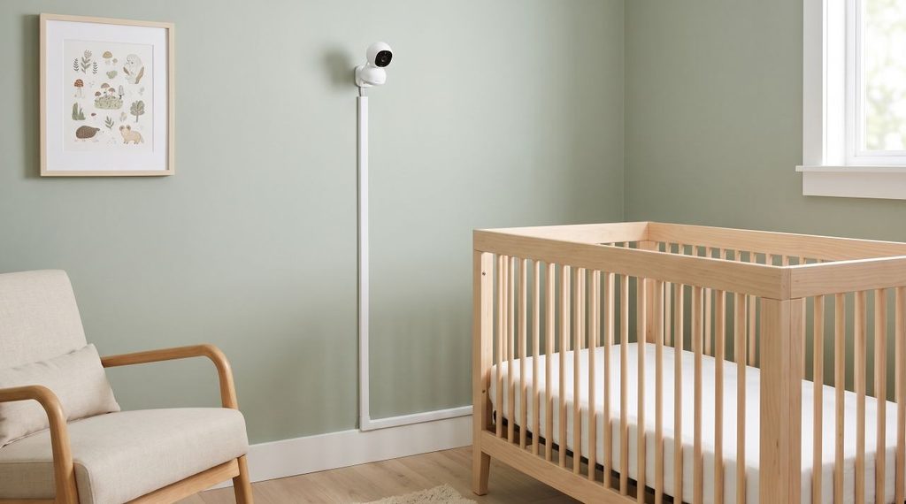 Wall-mounted nursery camera with power cable enclosed in a rigid white cord conduit positioned three feet from a bare wooden crib