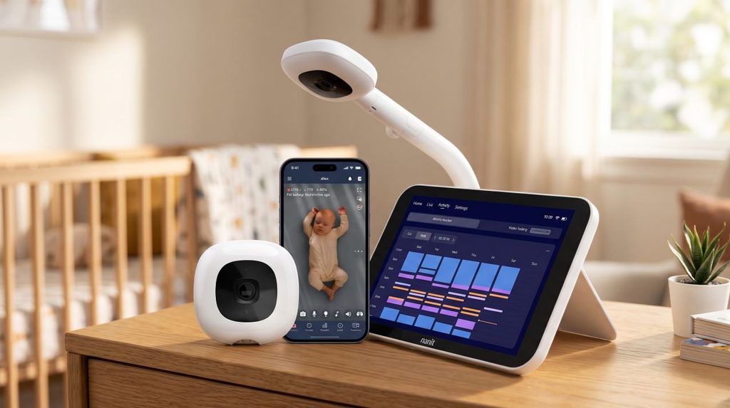 Nanit Pro rounded-square camera, adjustable overhead stand arm, smartphone app feed, and dedicated 8-inch touchscreen display showing weekly sleep activity on an oak nursery dresser