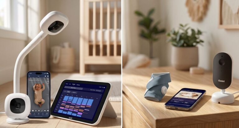Side-by-side nursery comparison showing the Nanit Pro overhead camera, smartphone feed, and 8-inch sleep-tracker display beside the Owlet Dream Duo camera, slate-blue Dream Sock, and app display