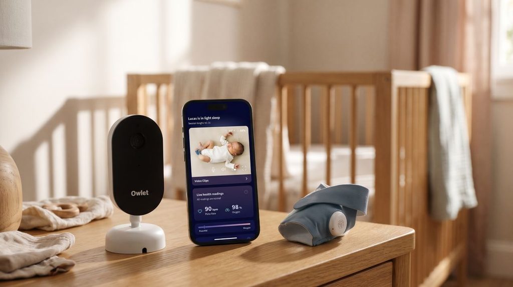 Owlet Dream Duo nursery camera, slate-blue pulse-oximetry Dream Sock, and smartphone app showing live 90 bpm pulse rate and 98 percent oxygen readings on a wooden nightstand